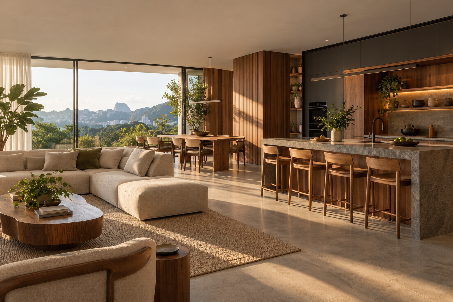 Ambiente residencial com mobiliário em madeira e iluminação natural